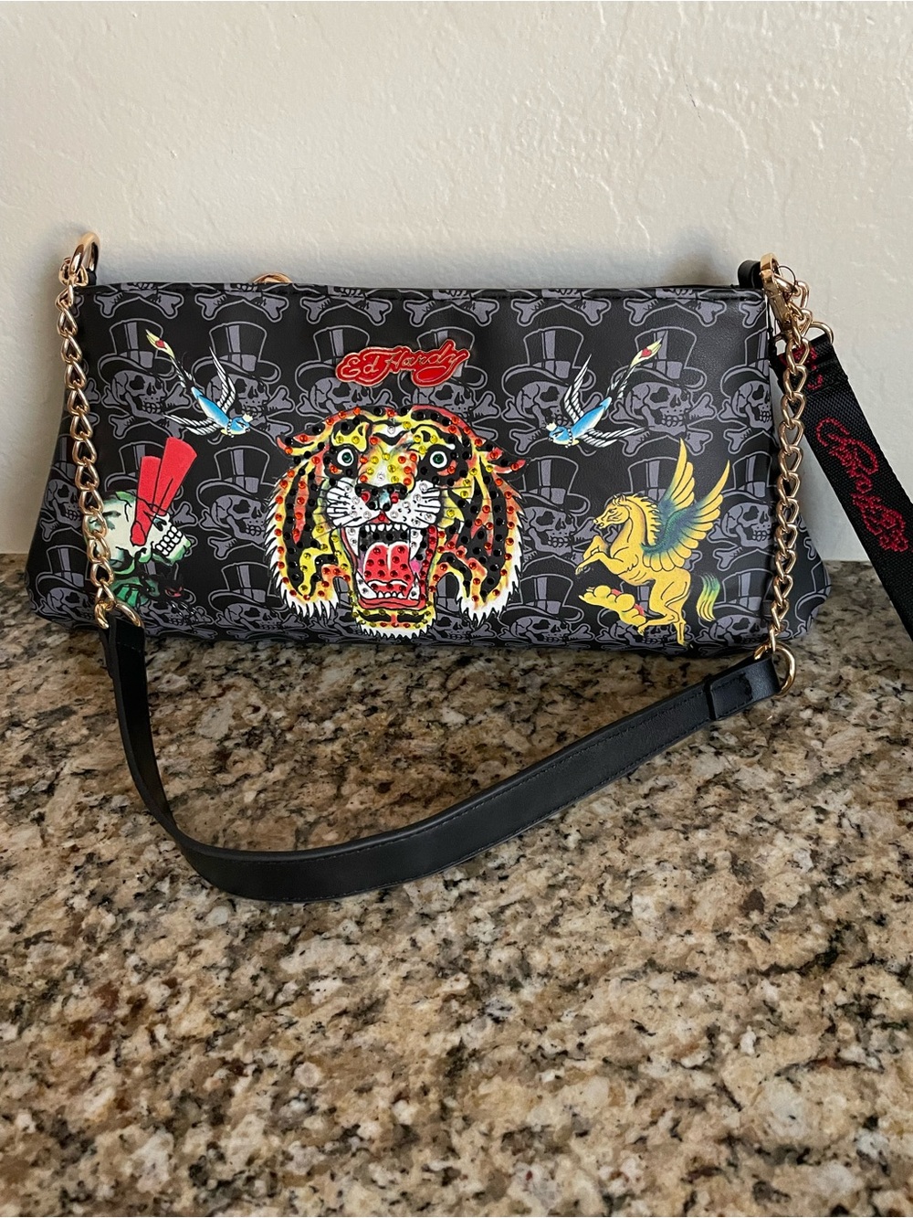 Ed Hardy Black Graphic Tiger Shoulder Bag